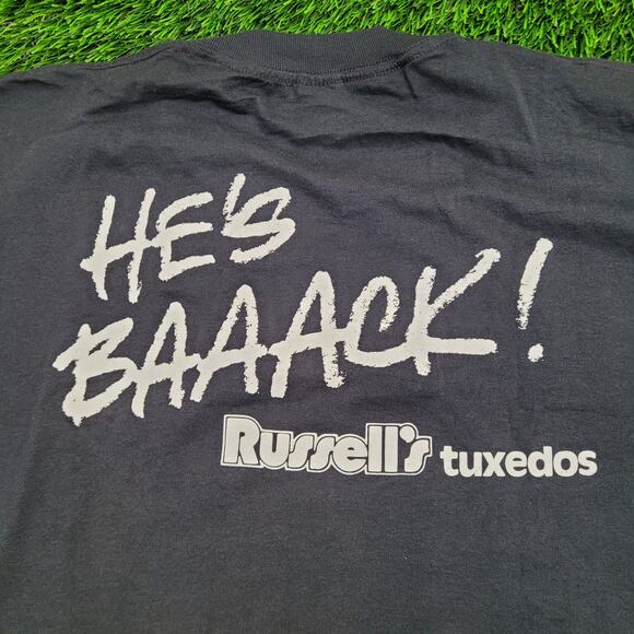 Vintage 90s Funny Cat Shirt L/XL 21x24 Black Russell Tuxedos The-Cat-is-Back - Picture 12 of 14